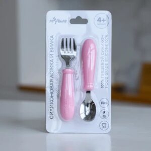 Селиконовая ложка и вилка+металл- Baby pink