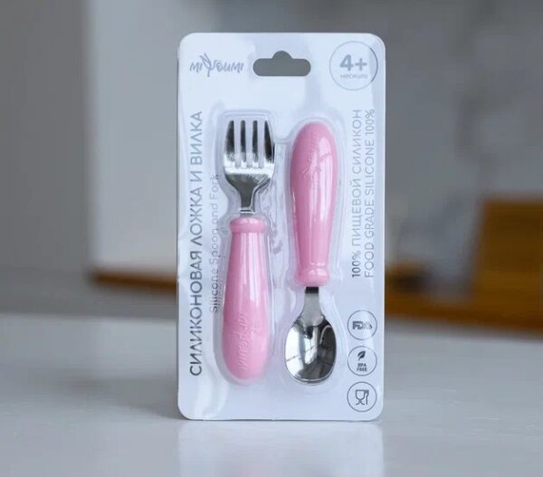 Селиконовая ложка и вилка+металл- Baby pink