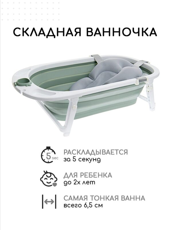 Ванночка для новорожденных Miyoumi с матрасиком и термопробкой складная - Sage/250 8