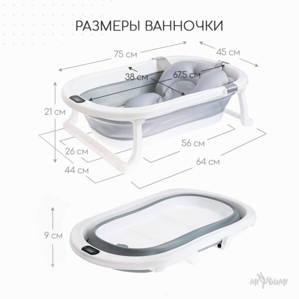 Ванночка для новорожденных Miyoumi с матрасиком и термометром складная - Cloud 4