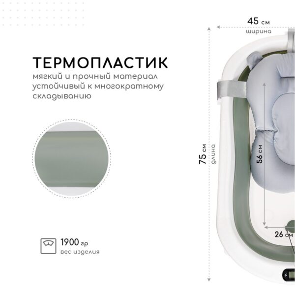 Ванночка для новорожденных Miyoumi с матрасиком и термометром складная - Sage 5