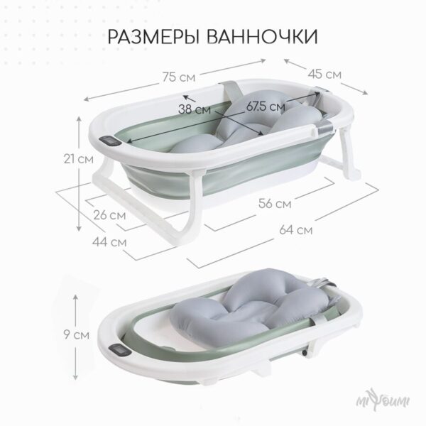 Ванночка для новорожденных Miyoumi с матрасиком и термометром складная - Sage 2