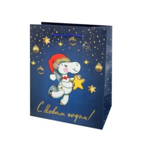 Пакет подарочный, матовое малинирование, глитер, Лошадка со звездой, 18х23х10 см.